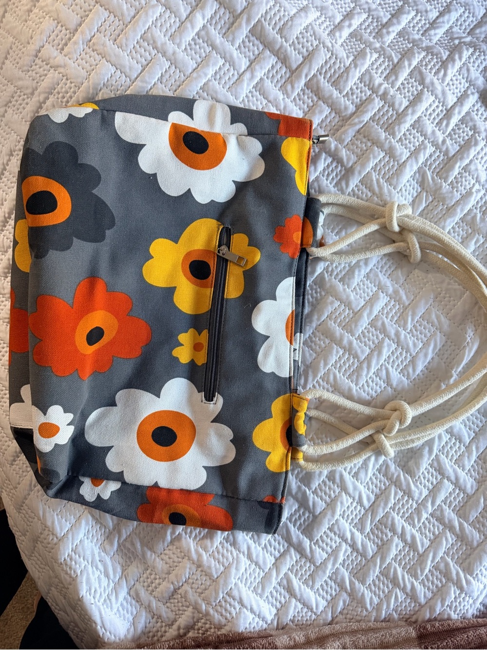 Gray Floral Rope-Handle Tote Bag with Orange & Yellow Blooms